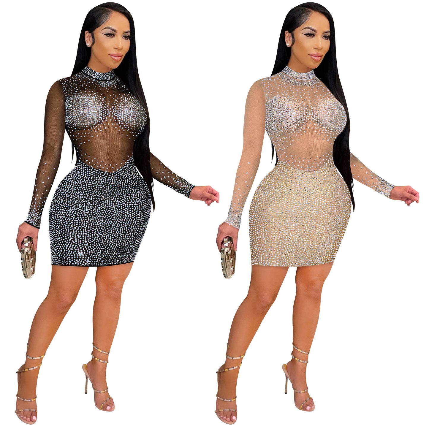 Fashion Sexy Nightclub Hot Rhinestone Mesh Long Dresses