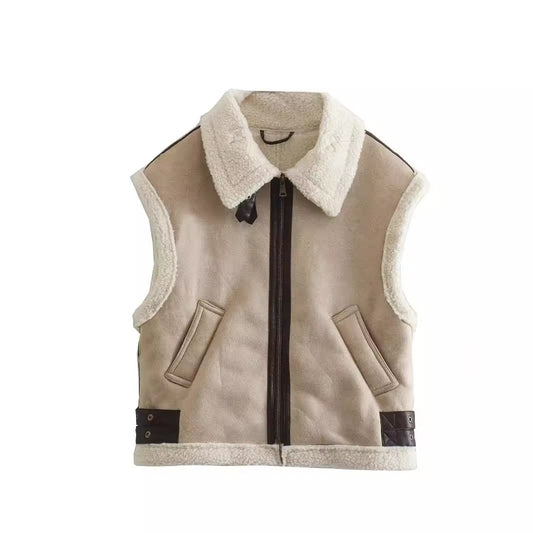 Women's Three-color Fleece Stitching Lapel Zipper Vests