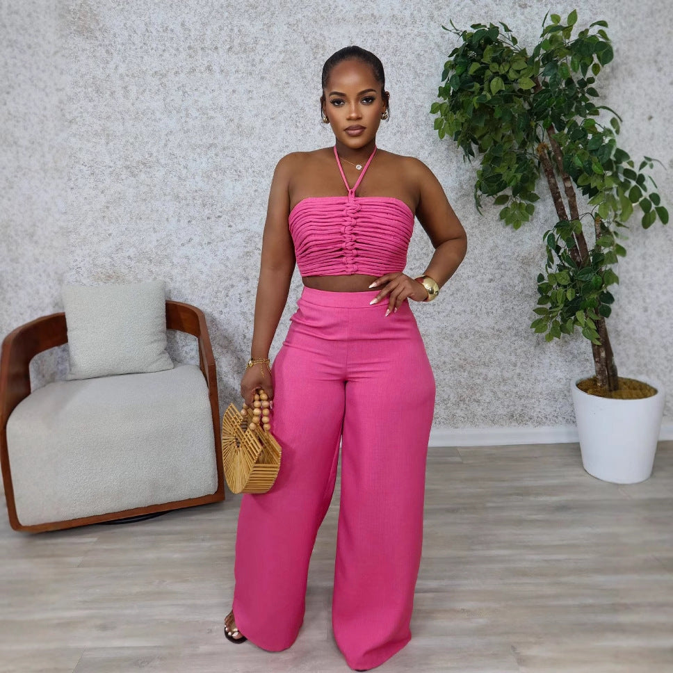 Smocking High Waist Loose Zip Trousers Suits