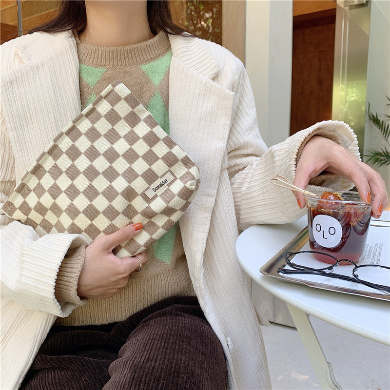 Women's Corduroy Chessboard Plaid Clutch Portable Wash Handbags