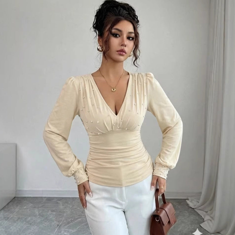 Color Fashion Sexy Long Sleeve Pearl Women's T-shirt