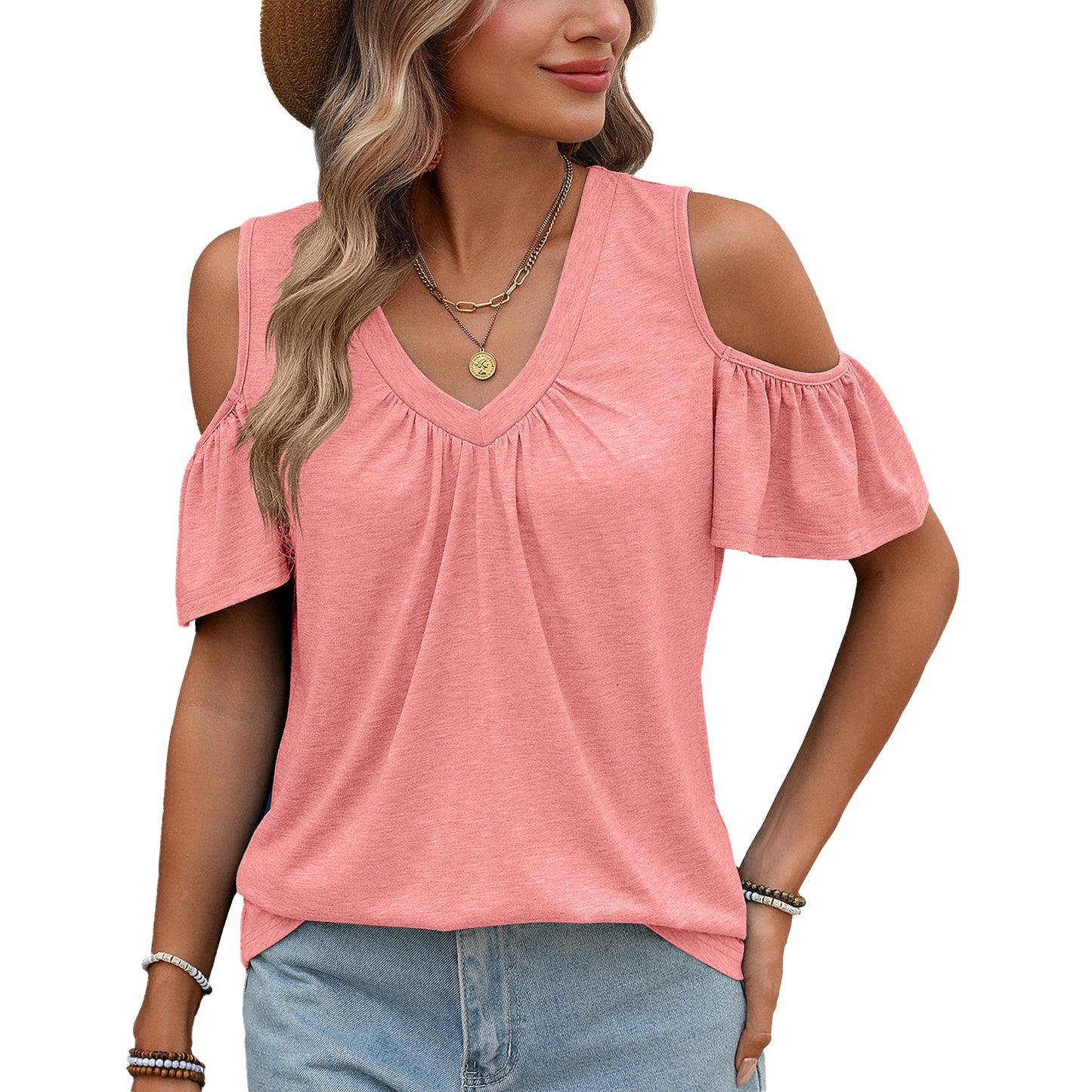 Trendy Solid Color Pleated Loose Sleeve Women's T-shirt