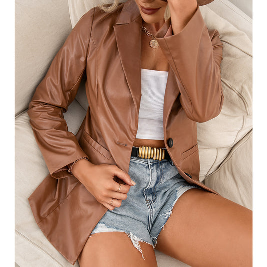 Women's Mid-length Single-breasted Trench Solid Color Motorcycle Jackets
