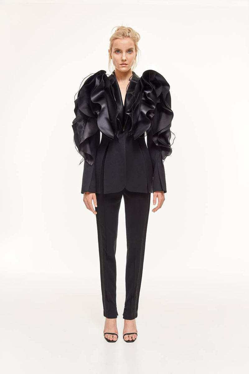 Goddess Temperament Black Three-dimensional Patchwork Ruffled Suits