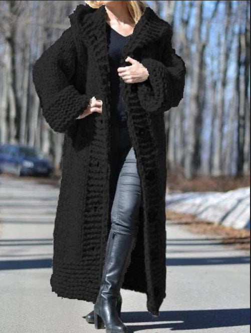 Women's Winter Hooded Single-breasted Solid Color Knitted Sweaters