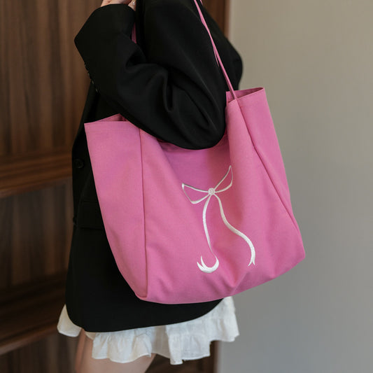 Capacity Bowknot Embroidered Canvas Female Heart Shoulder Bags