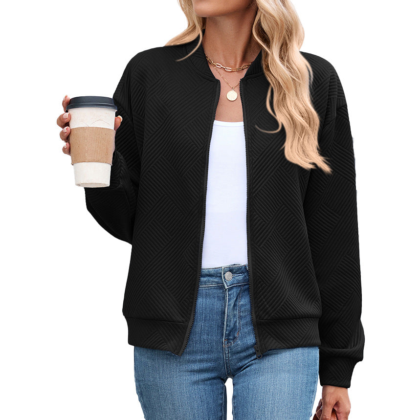 Solid Color Round Neck Loose Zip Long Sleeve Uniform