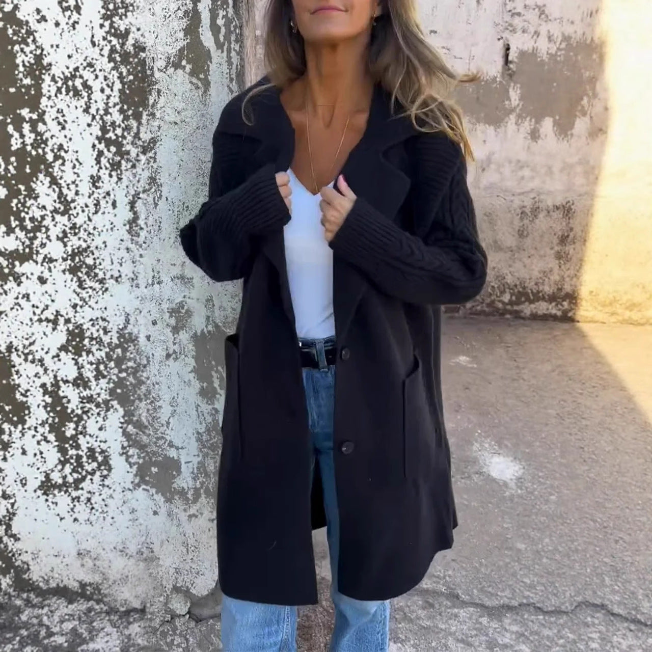 Women's Twist Knit Stitching Lapel Large Coats