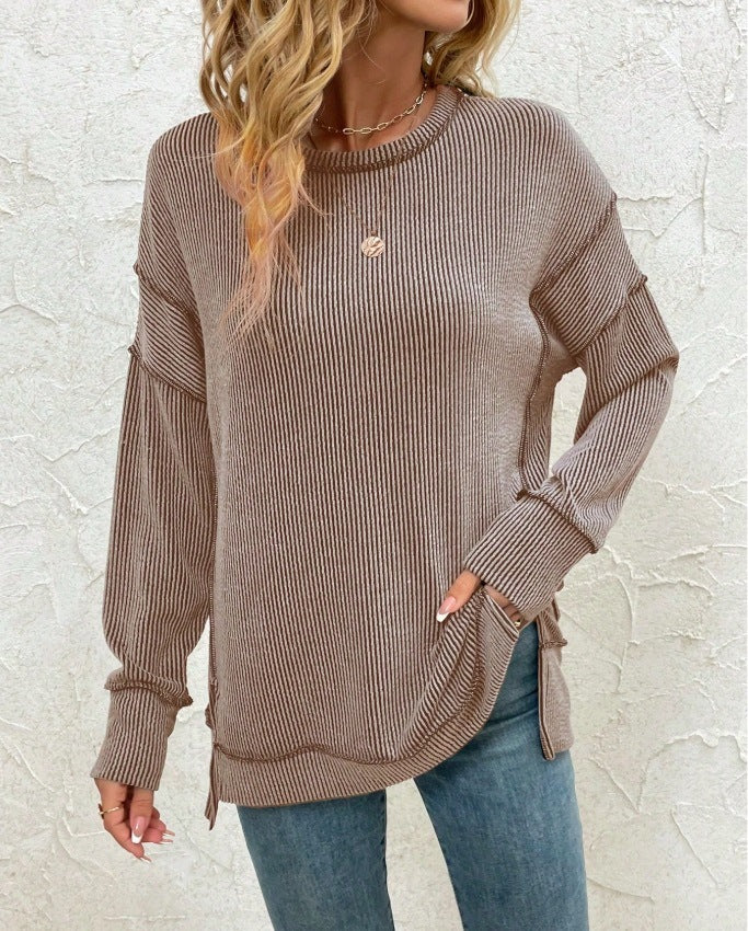Women's Twist Strip Split Long Sleeve Loose Women's Sweater, Sweater