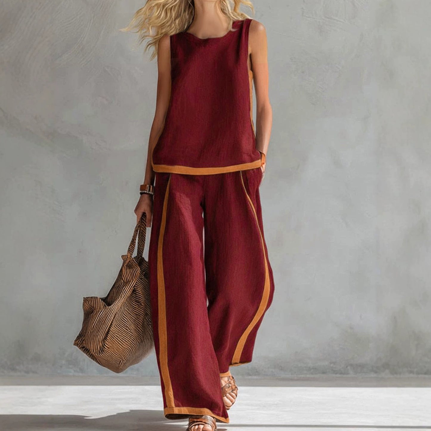 Women's Sleeveless Contrast Color Summer Two-piece Trendy Fashion Casual Suit