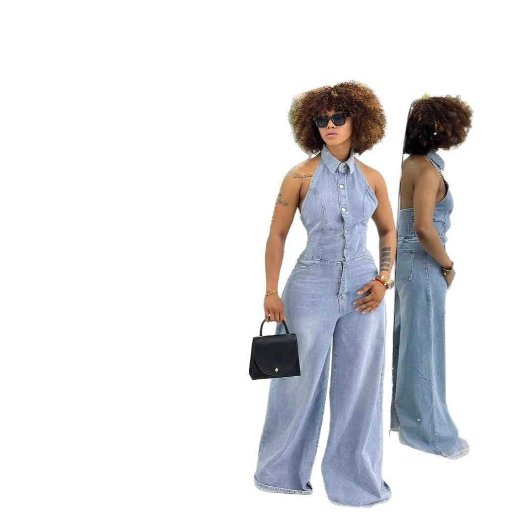 Women's Summer Lapel Halter Single-breasted Backless Denim Women's Jumpsuit/clothing