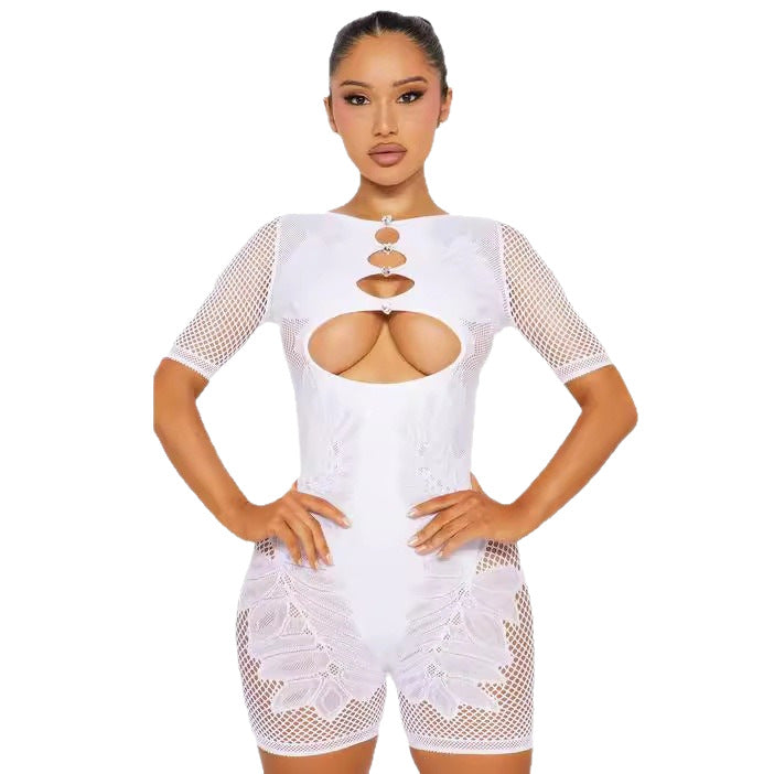 Women's Knitted Sexy With Diamonds Pure White Sleeve Hollowed Jumpsuits
