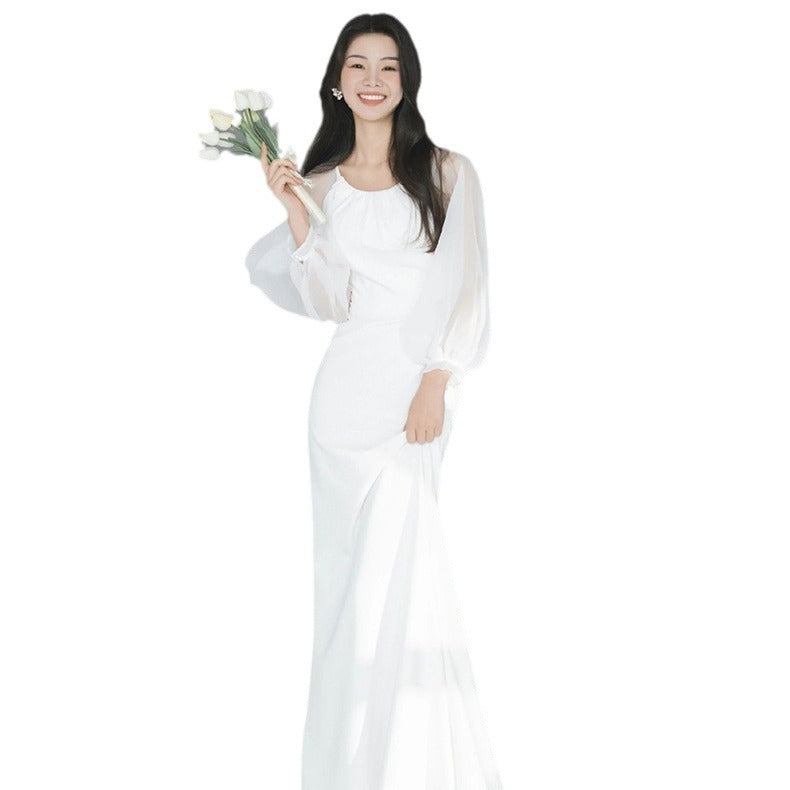 Light Dress White Long Sleeve Satin Gown Bride Wedding Dresses