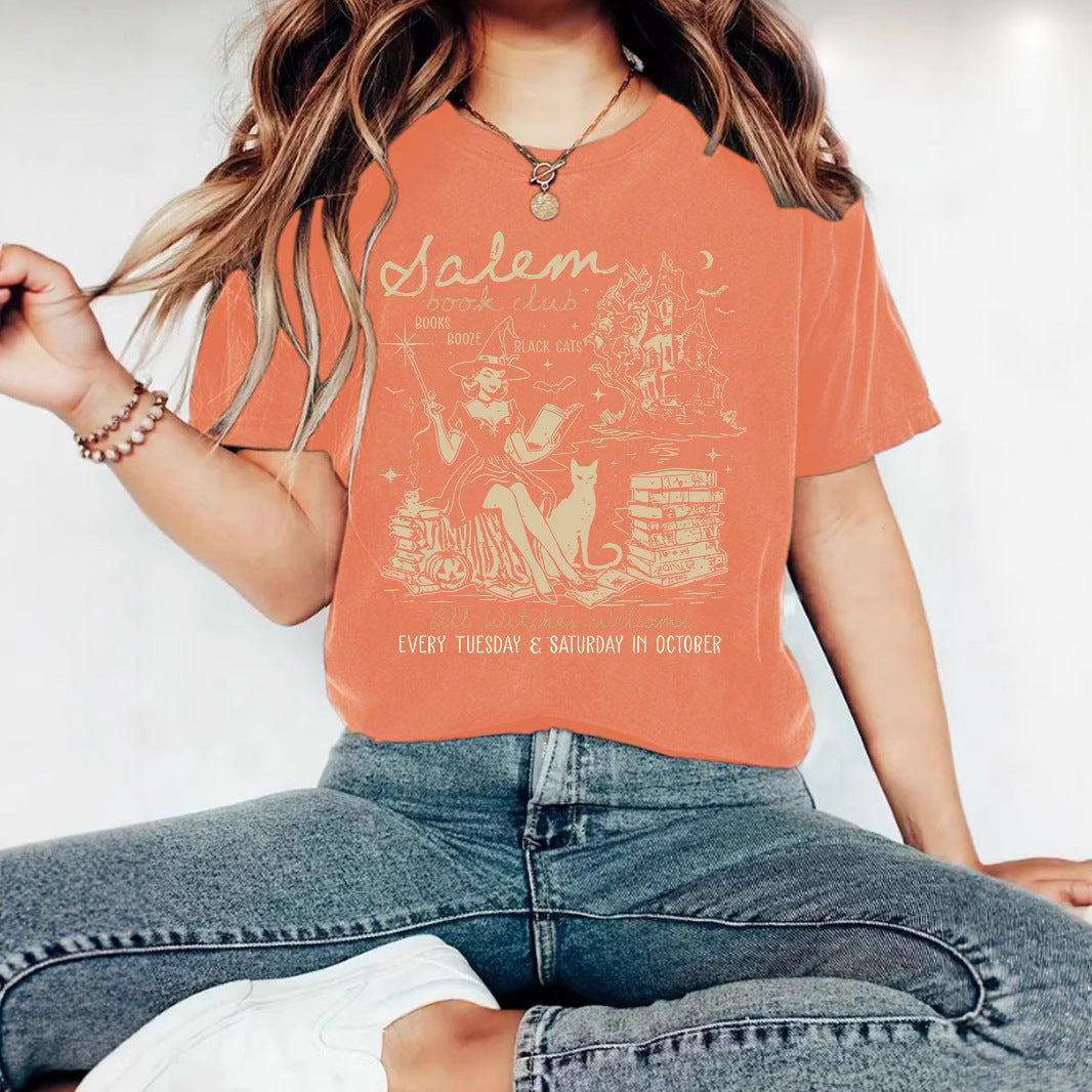 Women's Summer Salem Witch Pattern Halloween Printed Round Neck Women's T-shirt