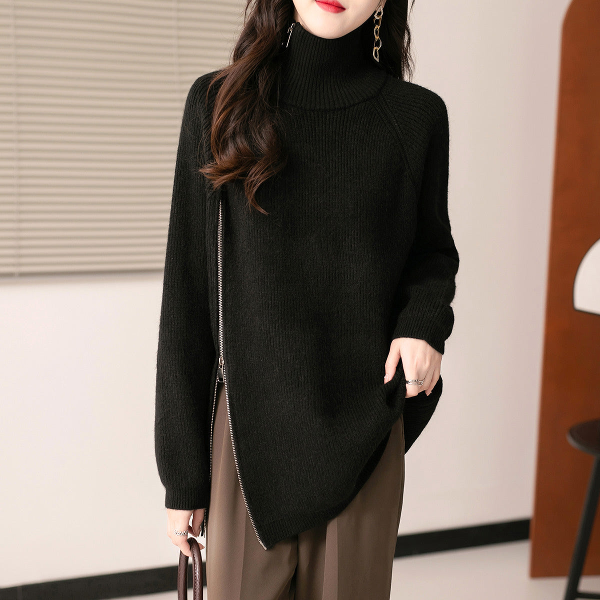 Women's Zip Loose Long Sleeve Regular Idle Knitwear