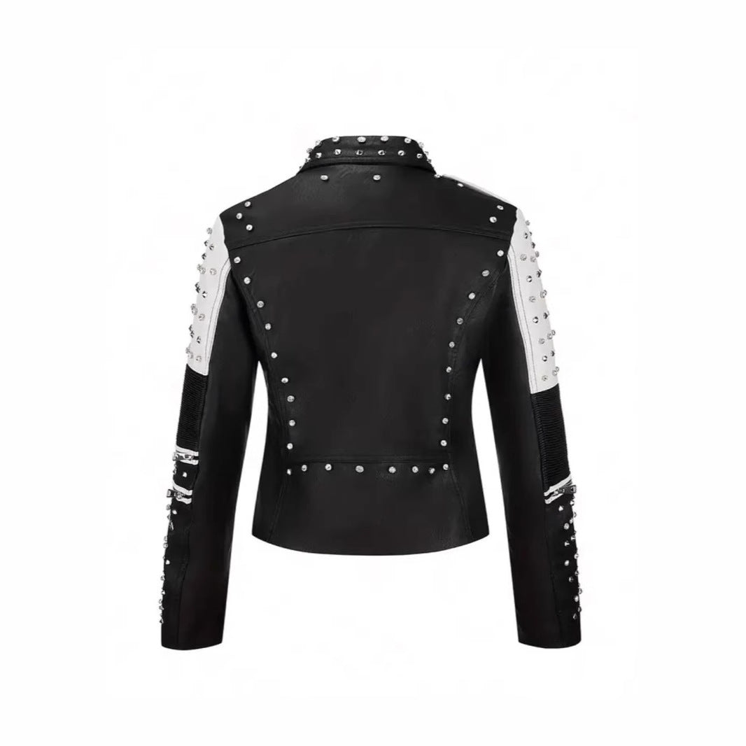 White Contrast Color Rivets Leather Metal Jackets
