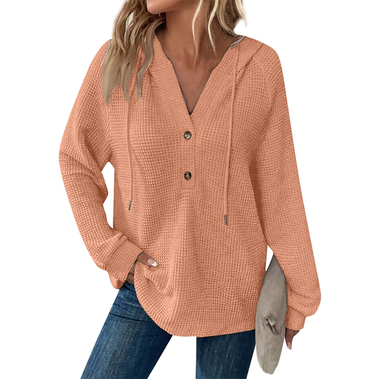 Women's Color Waffle Hooded Button Loose Long Women's Sweater, Sweater