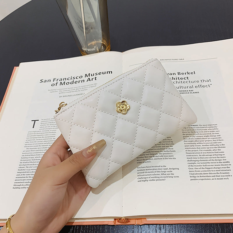 Women's Thin License Clamp Camellia Diamond Zipper Ladies Wallets