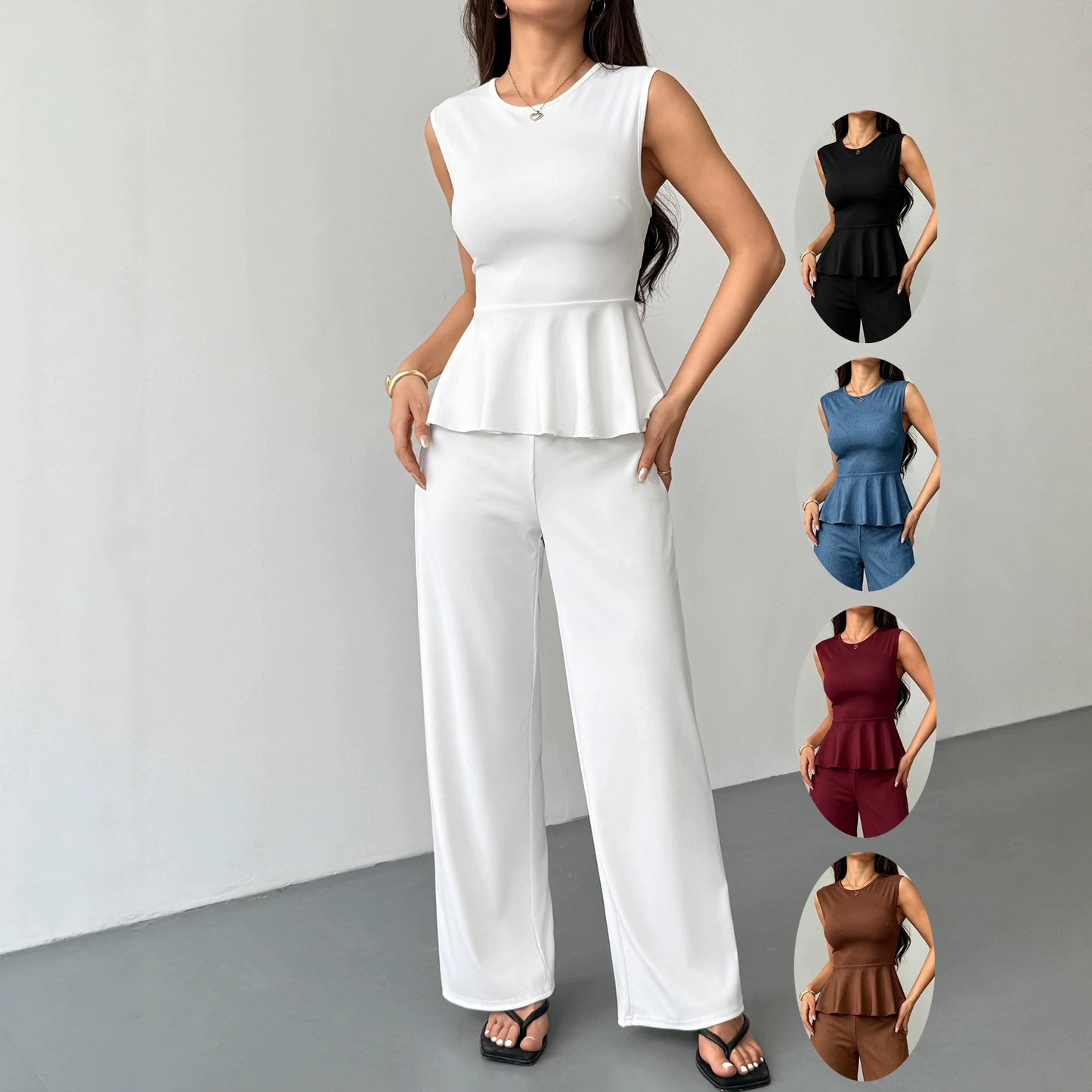 Women's Set Sleeveless Trousers Solid Color Old Tops