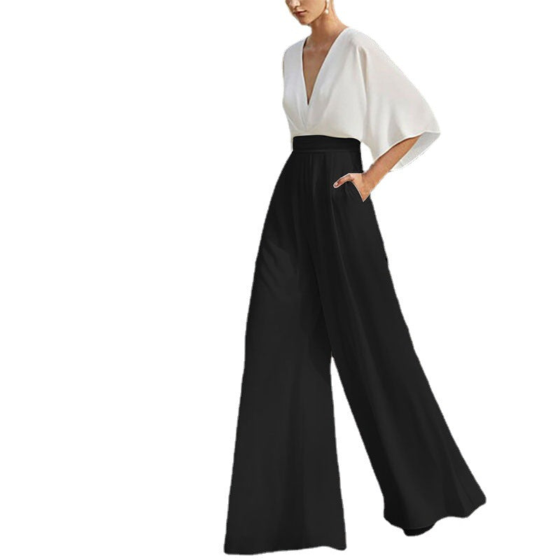 Women's Sleeve Dress Deep V High Waist Jumpsuits