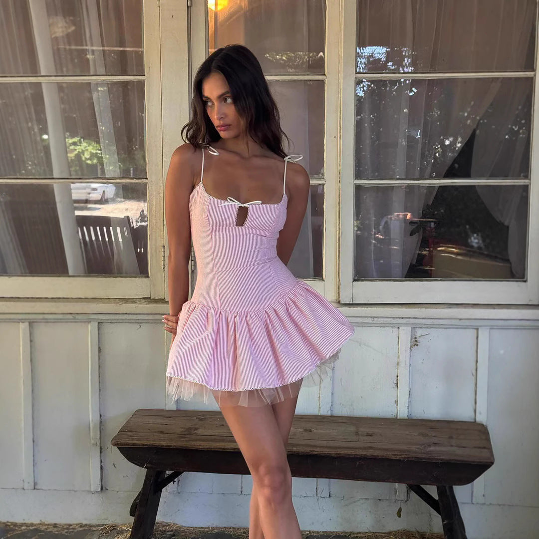 French Style Sweet Bow Cutout Mesh Dresses