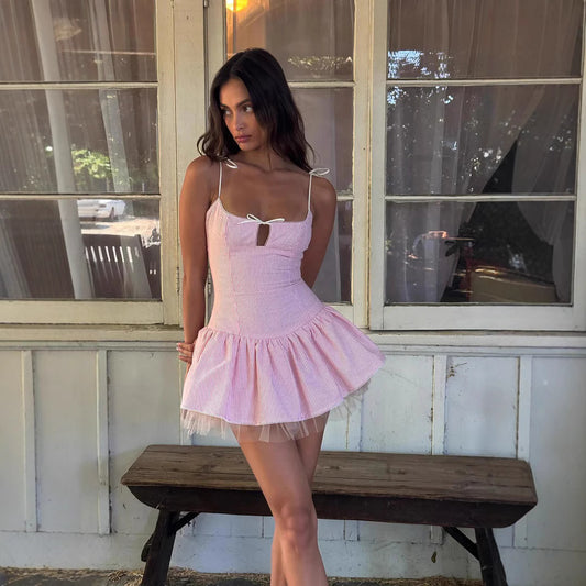 French Style Sweet Bow Cutout Mesh Dresses