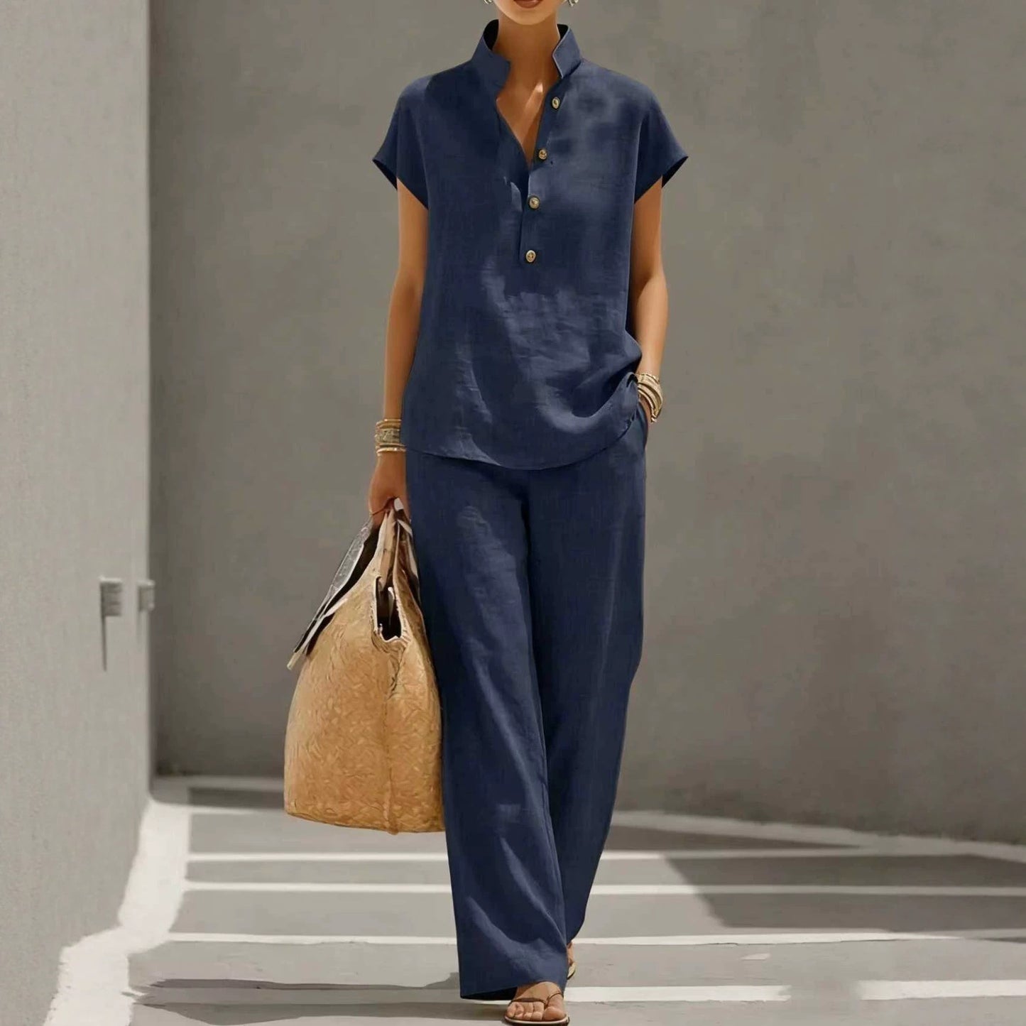 Women's Two-piece Summer Solid Color Sleeve Shirt Trousers Shorts
