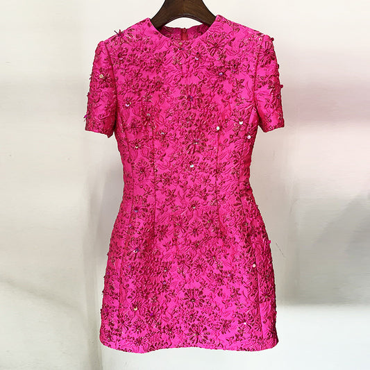 Fashion Rose Pink Series Jacquard Beaded Dress