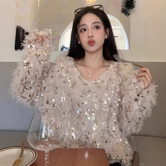 Women's High-grade Sequined Tassel Long Sleeve Sweaters