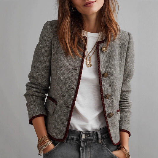 Women's Elegant Casual Herringbone Woolen Ribbon Jackets