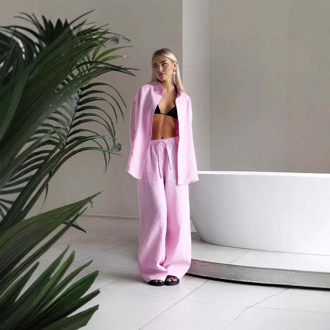 Women's Vacation Style Long-sleeved Shirt Two-piece Pants