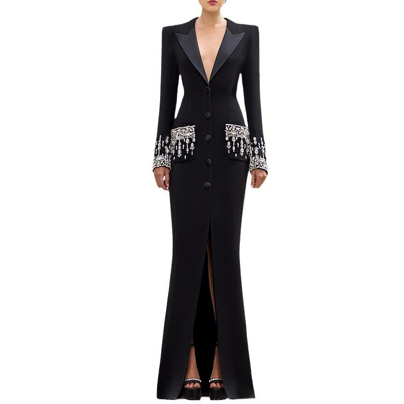 Fashion Bead Diamond Tailored Collar Dress Dresses