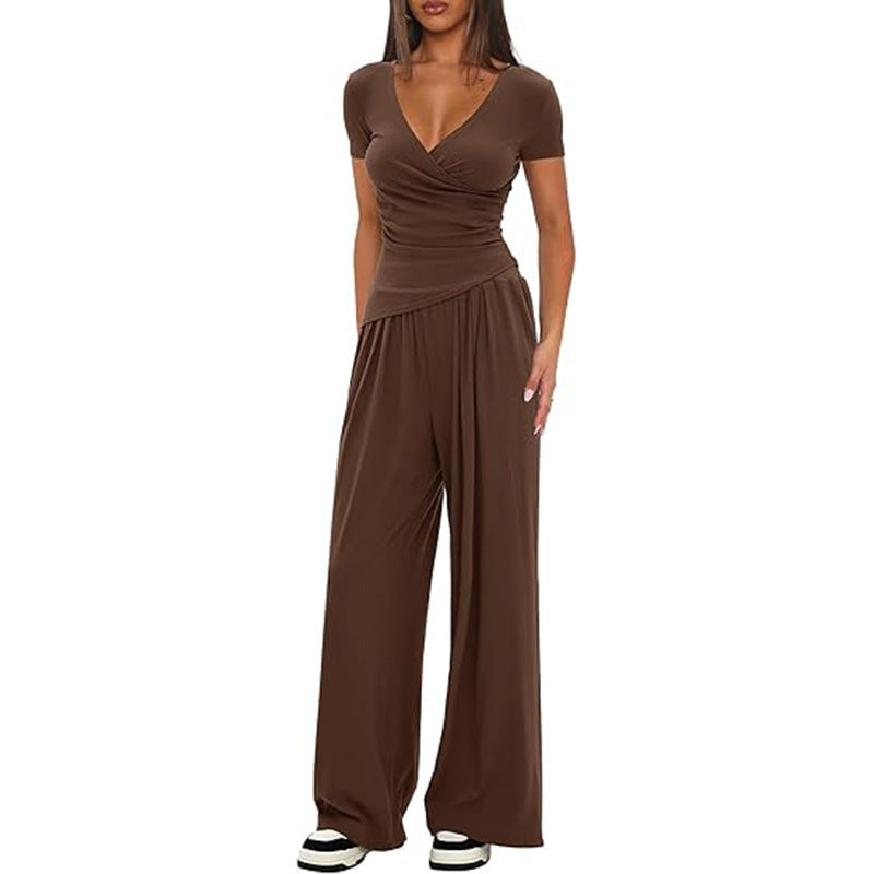 Solid Color Warp Knitted Short-sleeved Matching Fashion Casual Suit