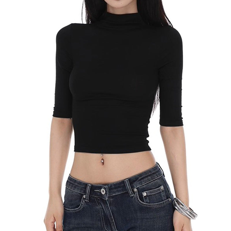 Women's Half Turtleneck Shoulder Sleeve T-shirt Slim Slimming Bottoming Shirt Blouses