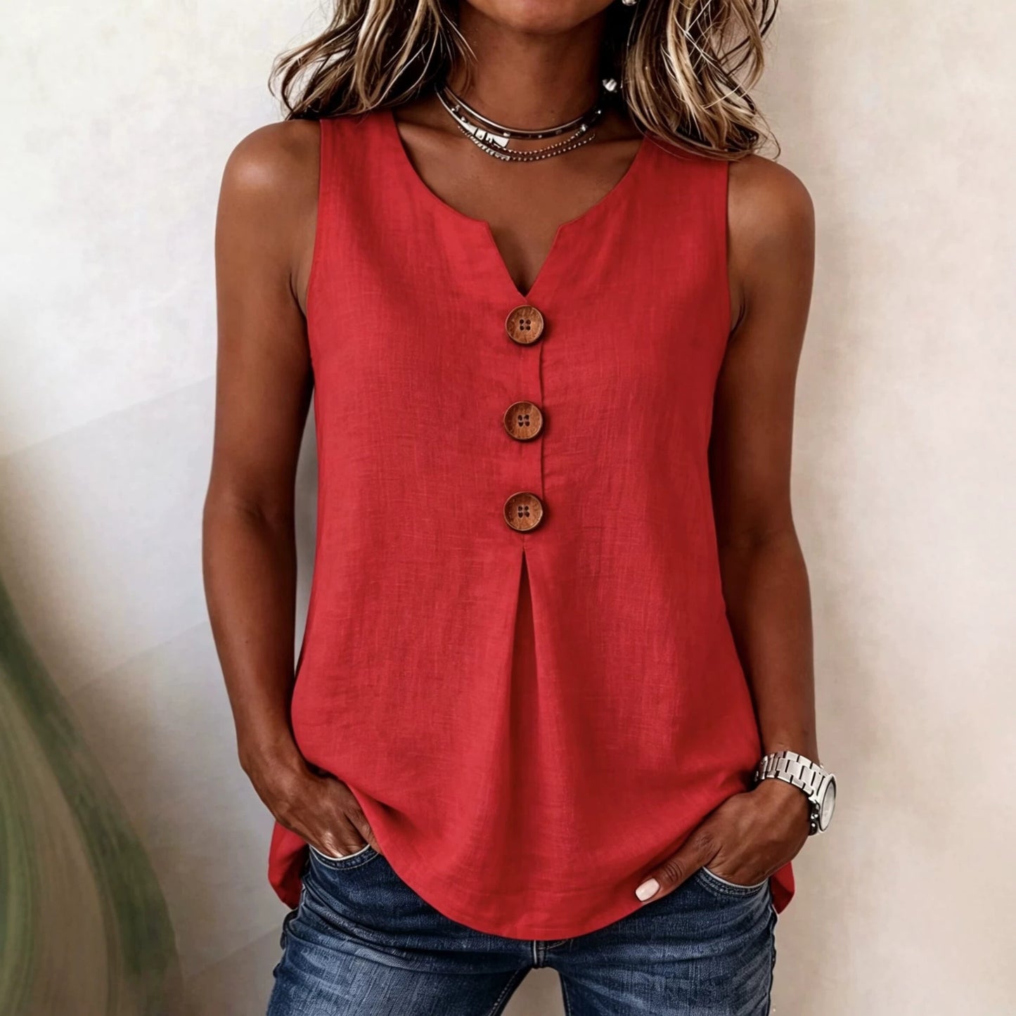 Classic Women's Cotton Linen Button Sleeveless Women's T-shirt
