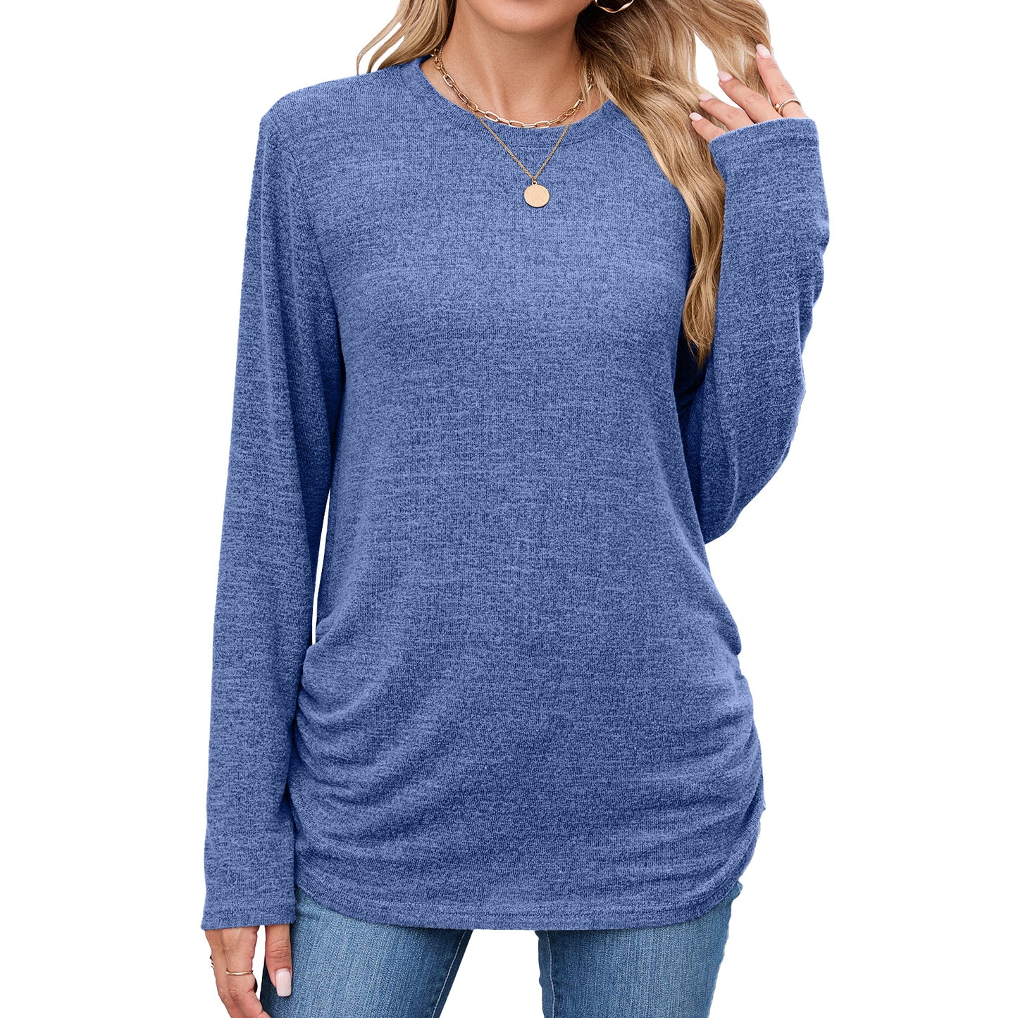 Women's Solid Color Round Neck Loose Long-sleeved Women's T-shirt