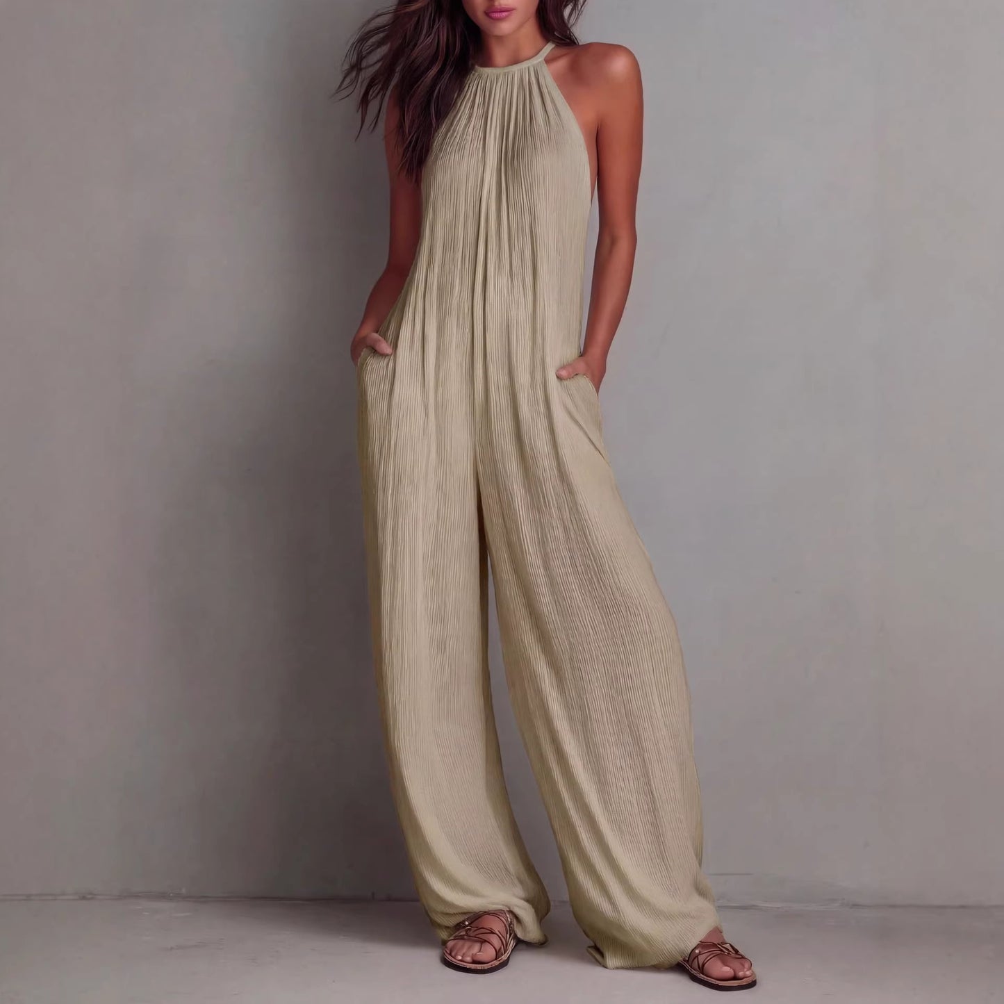 Women's Halter Sleeveless Vacation Style White Pleated Women's Jumpsuit/clothing