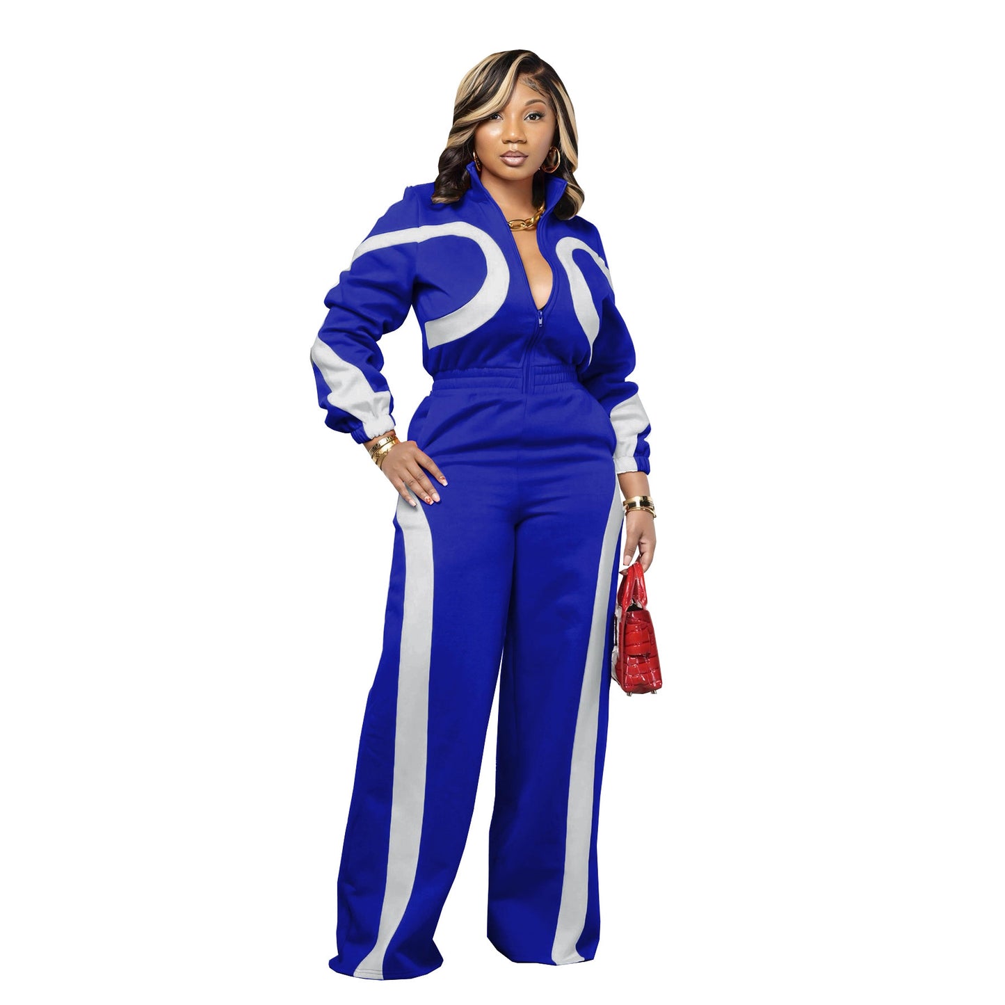 Women's Sports Contrast Color Long Sleeves Casual Jumpsuits