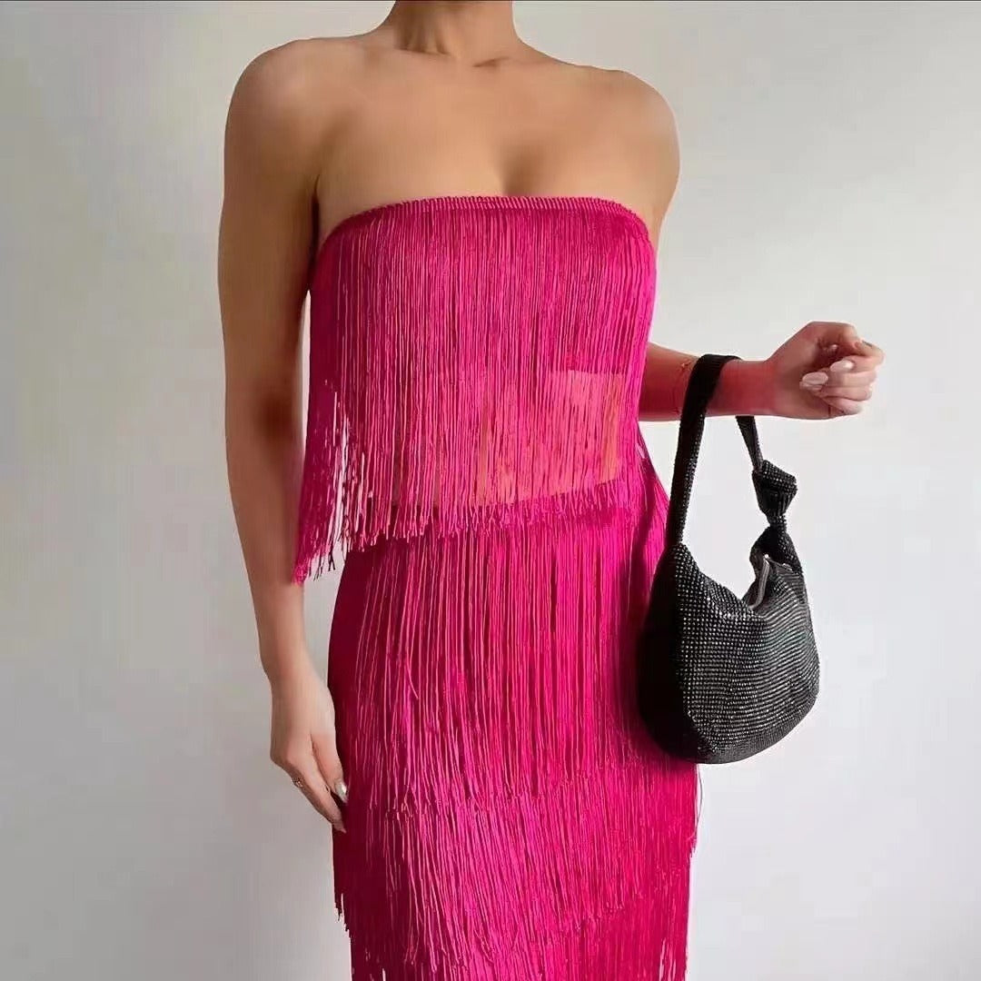 Durable Two-piece Tube Tassel Maxi Dress Suits