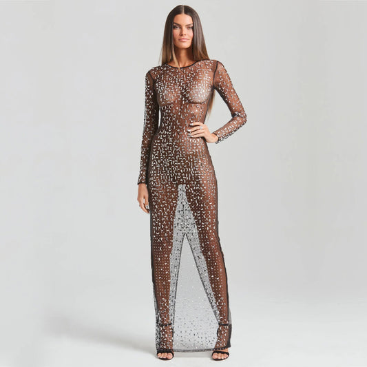 Fashion Sexy Rhinestone Mesh Long Sleeve Dresses