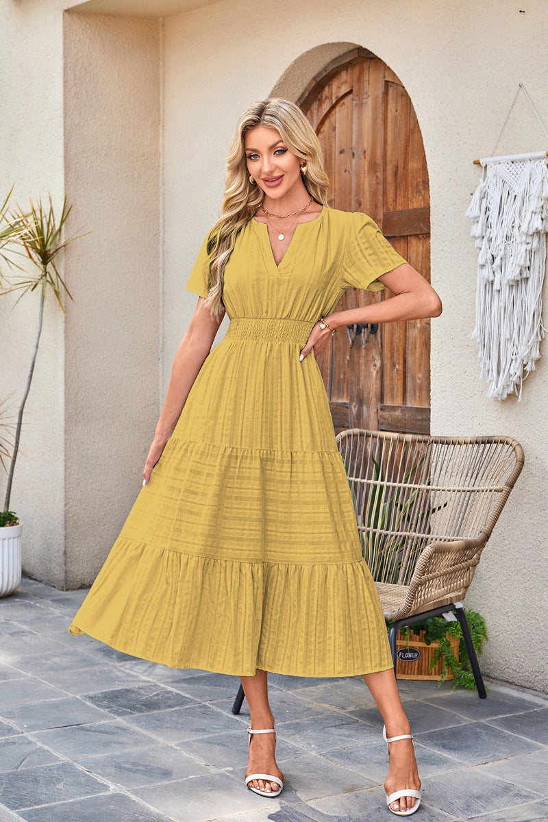 Women's Collar Pleating Puff Sleeve Large Swing Dresses