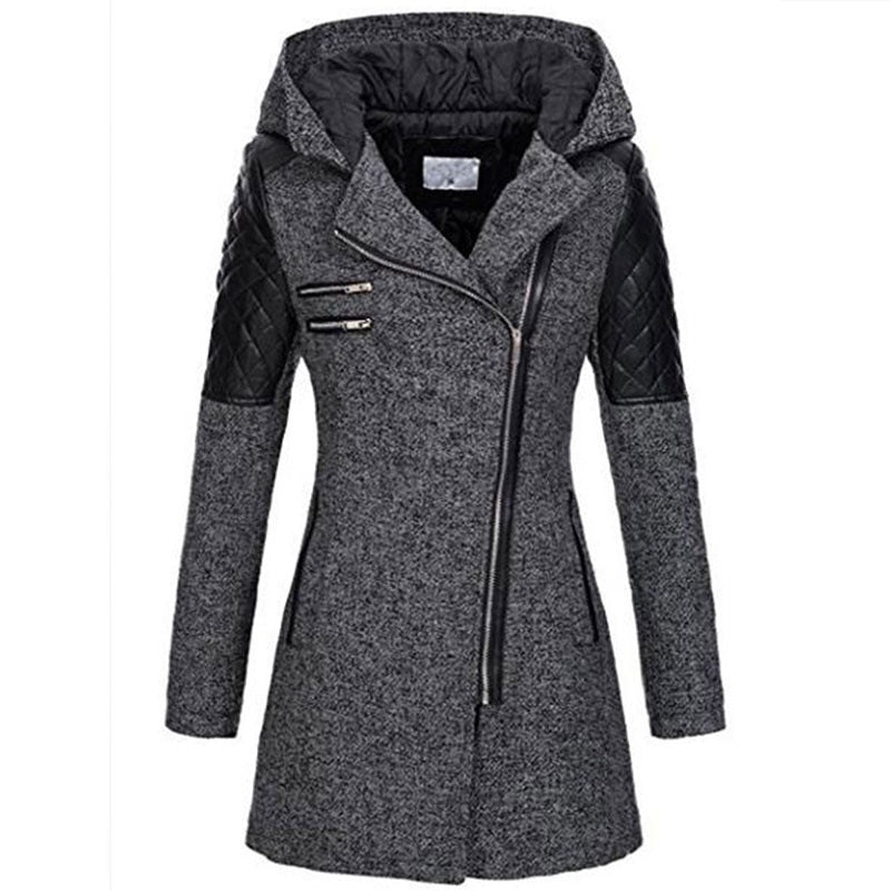 Women's Mid-length Hooded Loose Oblique Zipper Woolen Blazers