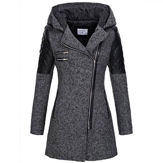Women's Mid-length Hooded Loose Oblique Zipper Woolen Blazers
