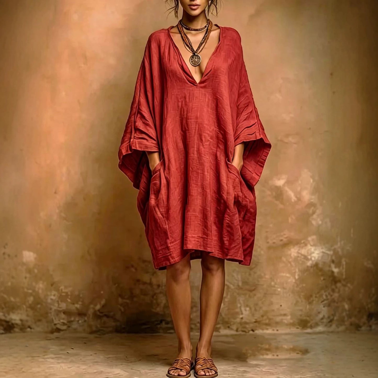 Fashion Imitation Cotton Linen Batwing Shirt Dress