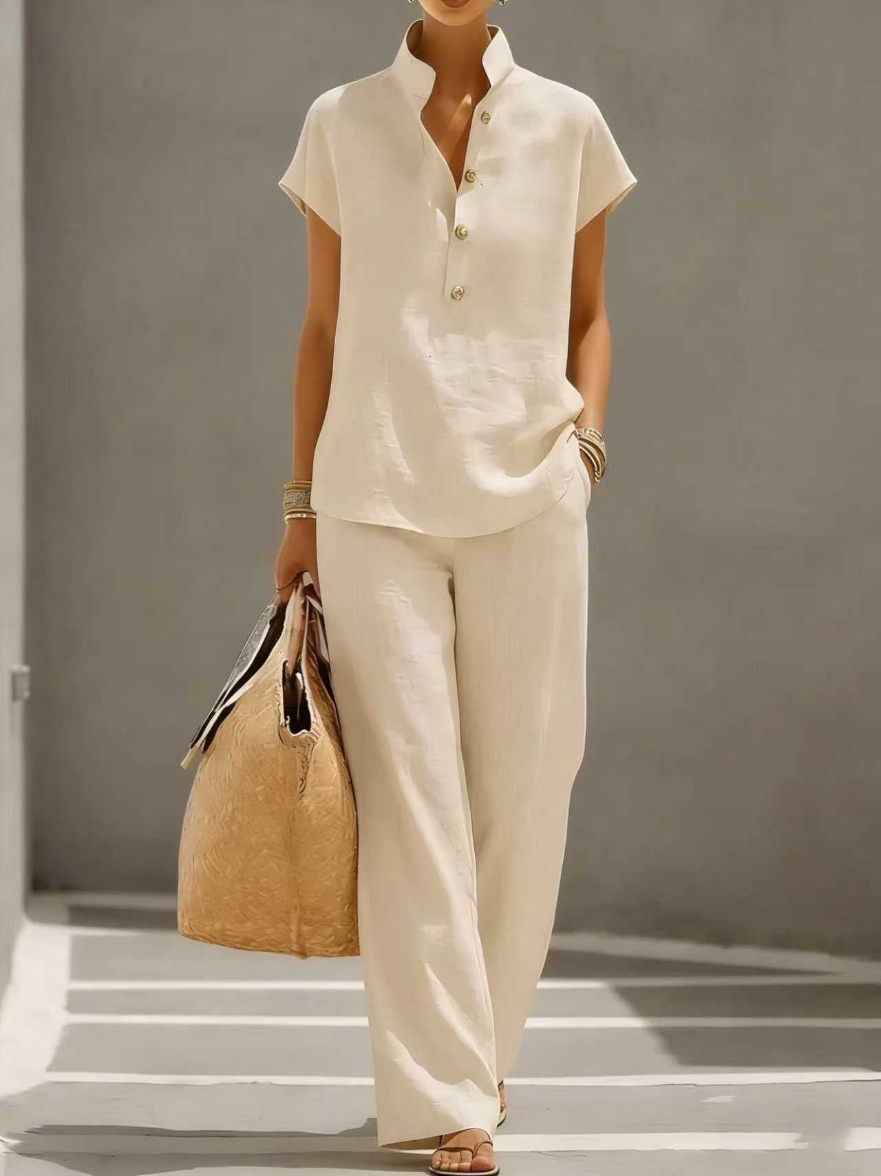 Women's Two-piece Summer Solid Color Sleeve Shirt Trousers Shorts