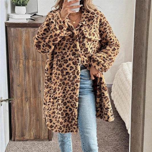 Women's Fashion Loose Casual Mid-length Fur Leopard Coats