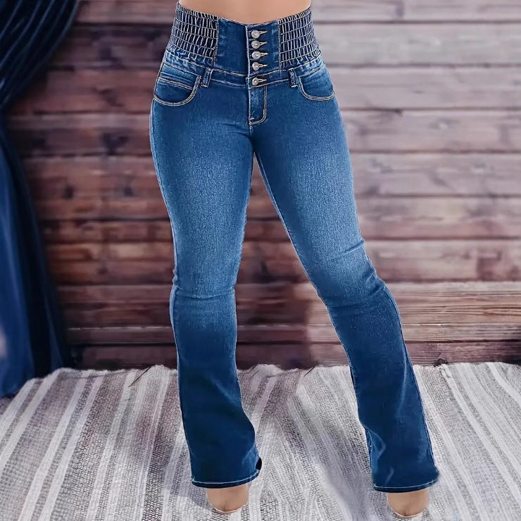 Women's High Waist Slimming Elastic Button Row Women's Jeans