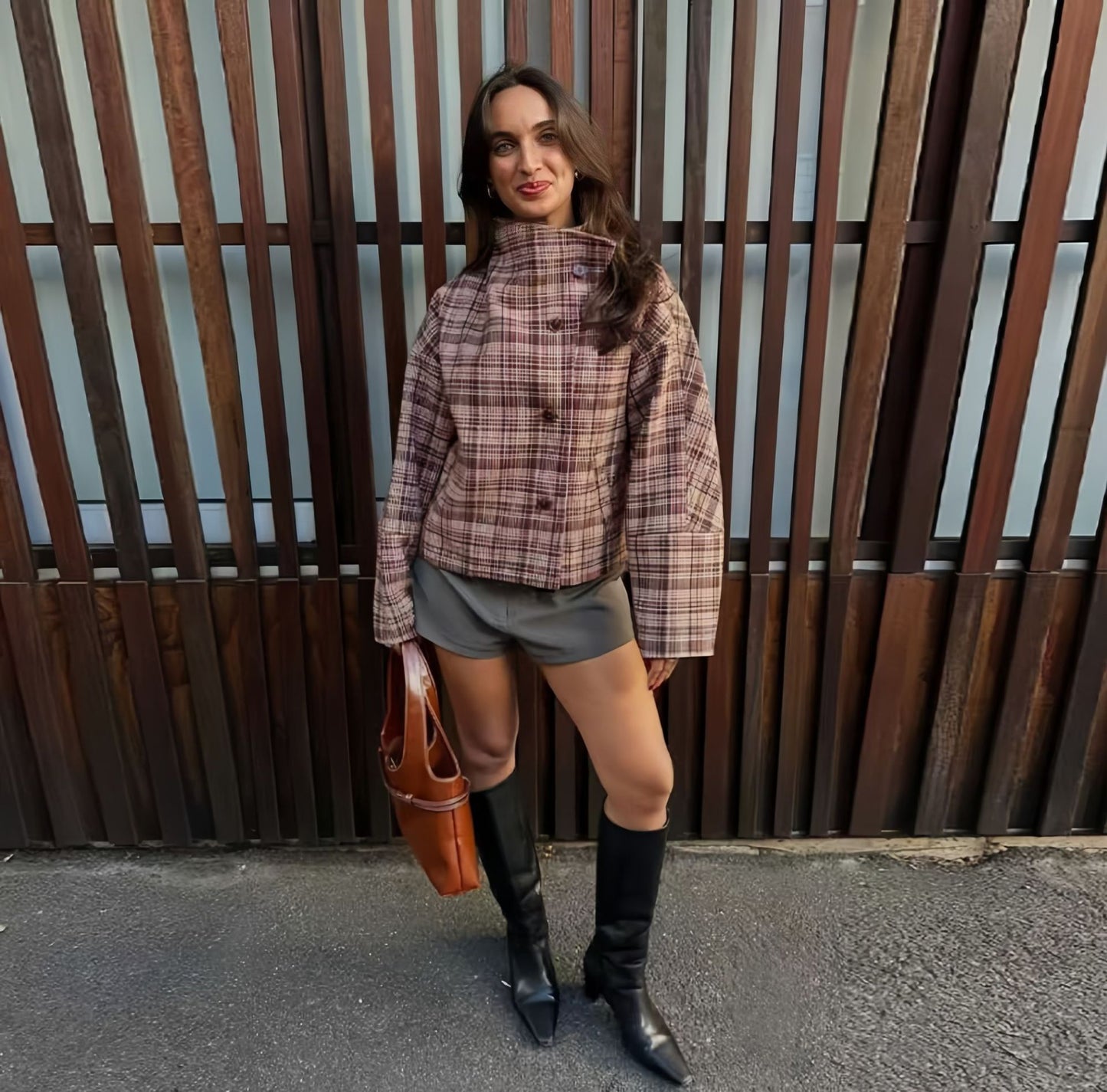 Women's Graceful Stand Collar Button Chic Plaid Coats