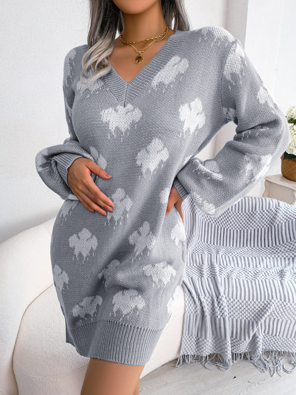 Women's Style Contrast Color Cloud Lantern Sleeve Dress