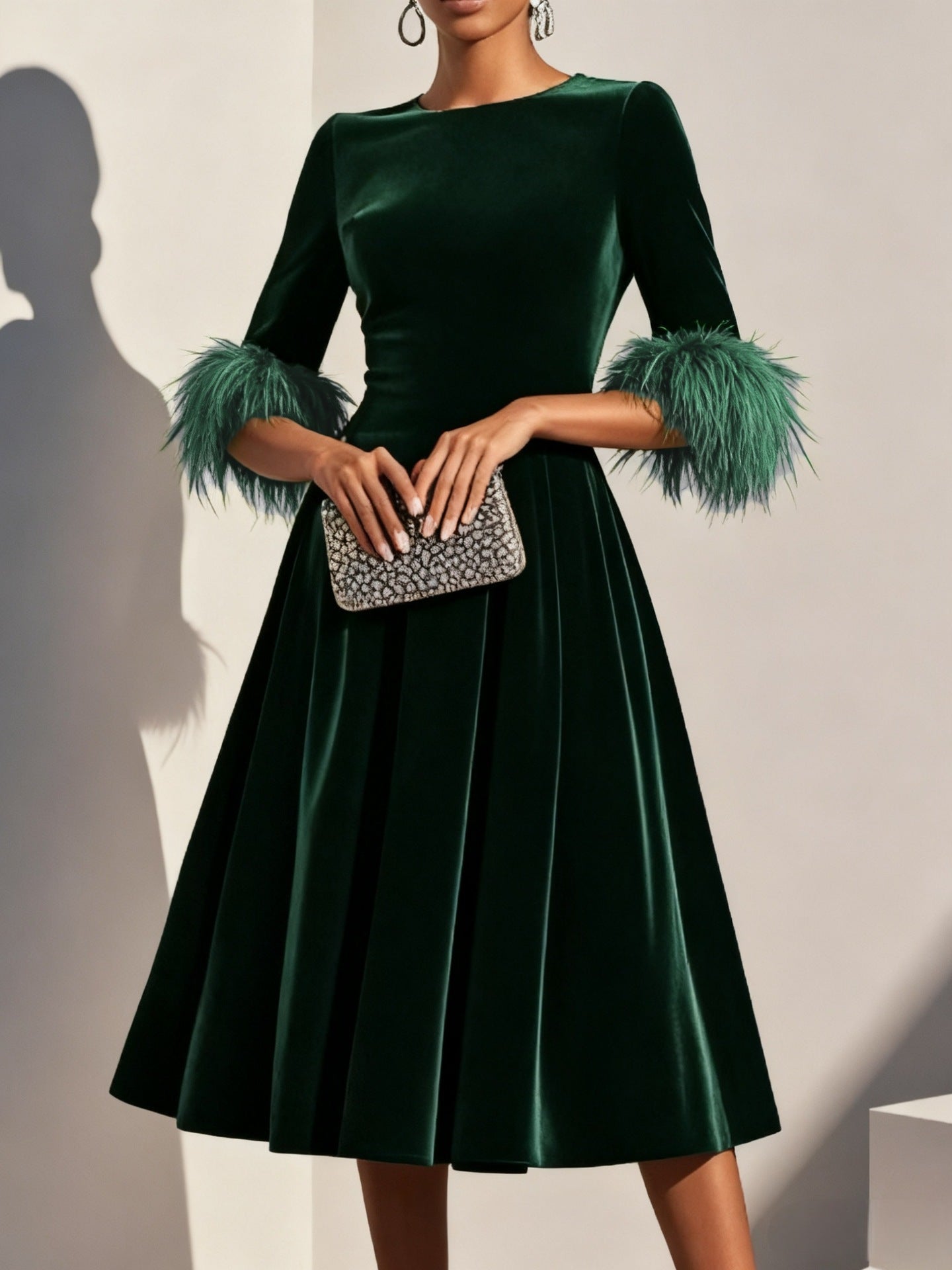 Women's Lady Temperament Elegant Round Neck Veet Dresses